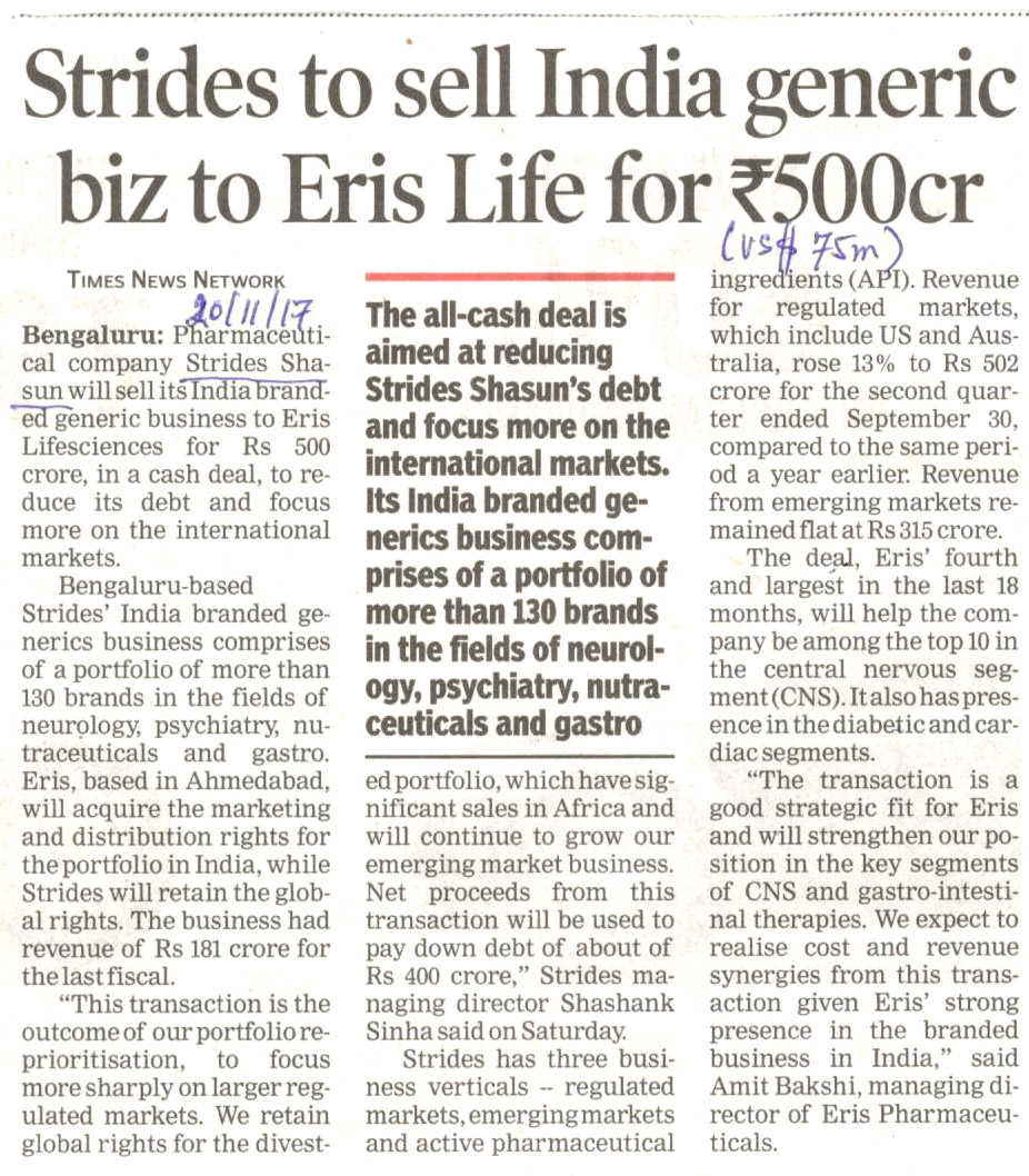 Strides to sell india
